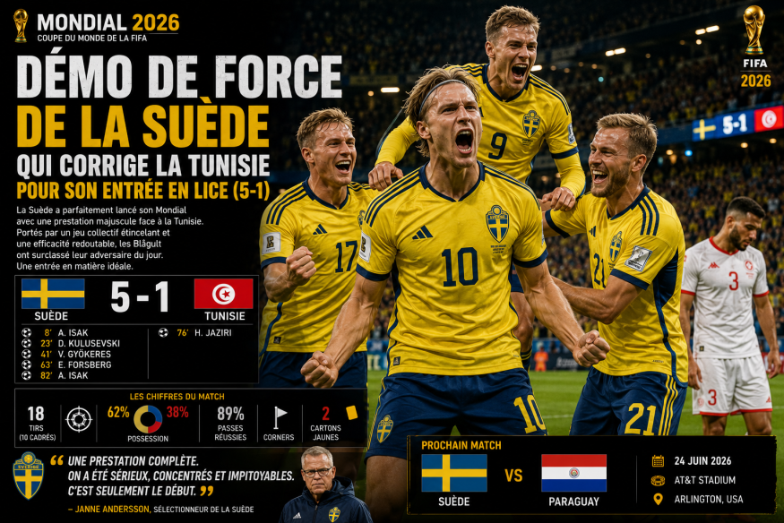 Mondial 2026 : Démo de force de la Suède qui corrige la Tunisie pour son entrée en lice